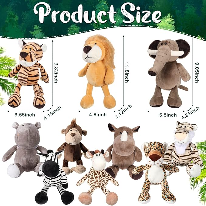 30 Pcs Safari Forest Stuffed Animals Plush Jungle Themed Animals Toys Gift Elephant Giraffe Lion Tiger Monkey Rhinoceros Zebra Tiger Leopard Hippo for Baby Shower Party Favors Decoration