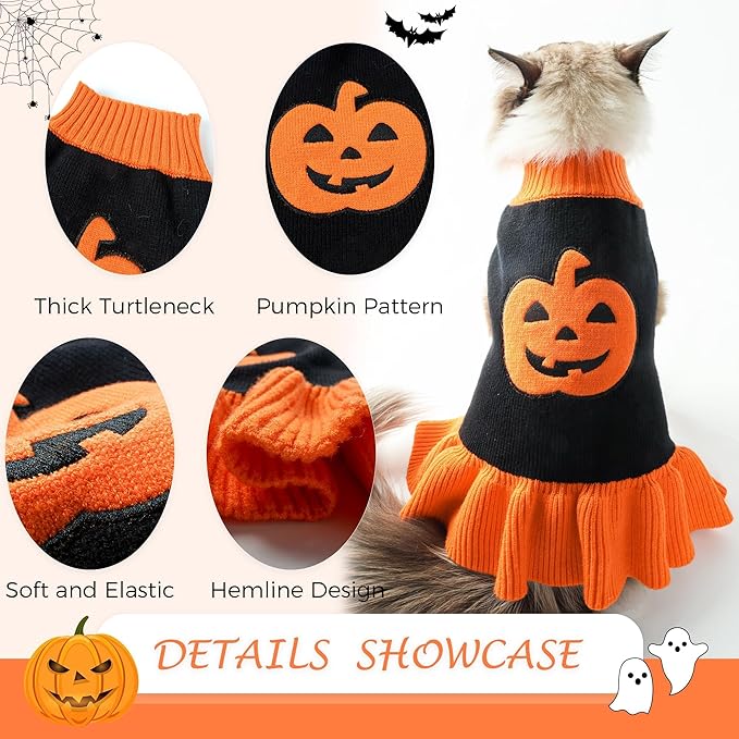 NACOCO Halloween Dog Sweater Dress - Pet Pumpkin Knitted Clothes Cat Sweatshirt Soft Thick Winter Warm Knitwear Outfits Apparel for Small Medium Large Dog Girl Cat (Orange, 2XL)