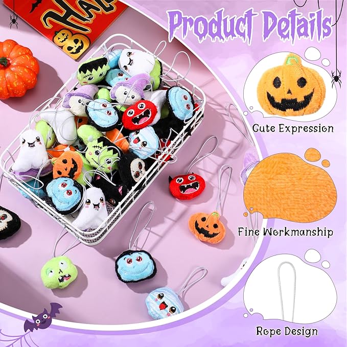 Libima 60 Pcs Halloween Plush Toy Bulk Mini Stuffed Animals Halloween Plush Keychain Set for Trick or Treat Carnival Birthday Party Favors Gifts Classroom Prizes