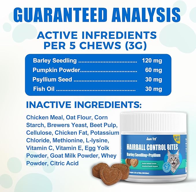 Just Try 300 Bites Cat Grass,Hairball Relief & Digestive Support Cat Treats - with Pumpkin, & Omega-3 Fish Oil, Chicken Flavor, Hairball Treatment for Cats