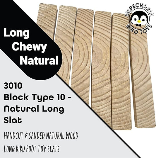 3010 Block Type 10 Natural Long Slat 6-Pack Wood Parts for Parrot Bird for Cage Medium Parrots African Grey Cockatoo Shredding Chew Toy Enrichment Supply