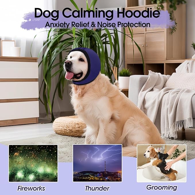 Dog Calming Hoodie, Dog Ear Muffs Noise Protection & Anxiety Relief, No Shake Ear Wraps for Dogs Quiet Ears Cover Headband for Fireworks Grooming Swimming Bathing Force Drying