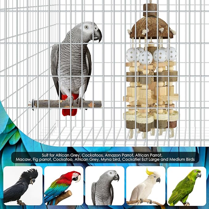 KATUMO Bird Toys, 2PCS Large Wooden Blocks & Coconut Shell Chew Toys for African Grey Cockatoo Amazon Parrots and Medium to Large Birds
