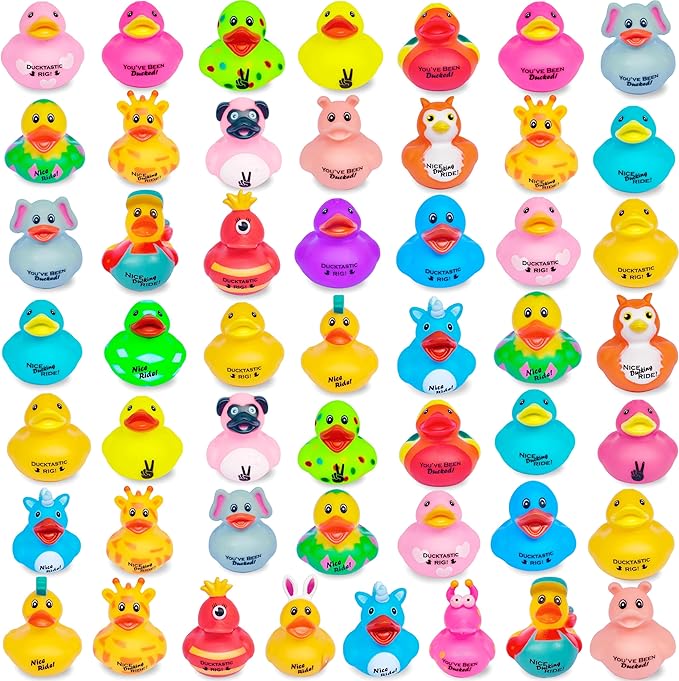 Ducks with 5 Fun Logos for Jeep Ducking – 50 Pack of Bulk Assorted Duckies with Unique Designs for 4x4 Drivers, Dashboard Displays, Off-Road Duck Tagging, Trail Gifts, and Adult Ducking Traditions