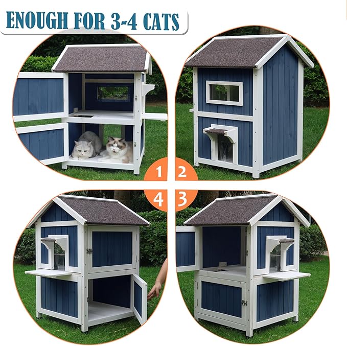 Rockever Outdoor Cat House, 2 Story Outdoor Houses for Feral Cats Wooden Outside Cat Shelter Weatherproof with Escape Door