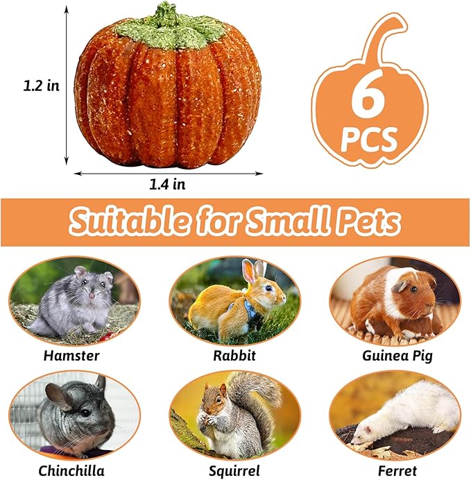 Fhiny 6 PCS Rabbit Chew Toys, Natural Pumpkin Carrot Timothy Grass Guinea Pig Chew Toys for Teeth Bunny Molar Snacks Dental Care Hamster Treats for Bunny Guinea Pig Chinchilla Hamster Gerbil