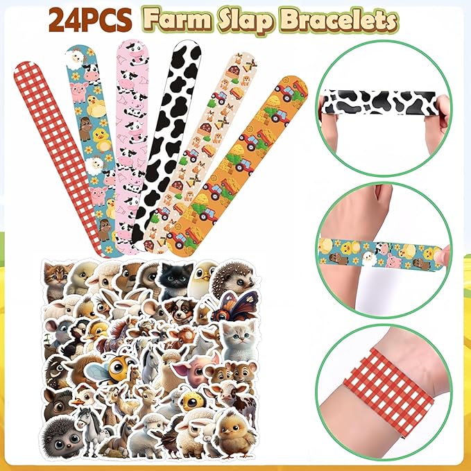 74PCS Farm Animals Party Favor 50PCS Barnyard Party Stickers&24PCS Slap Bracelets Farm Animals Birthday Supplies Team Gift Fillers School Classroom games Rewards Supplies
