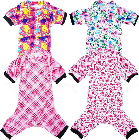 PET SHOW 4 Pack Small Dog Pajamas Cute Paw Bone Clothes for Medium Dogs Soft Stretchy PJs Plaid Jumpsuit Puppy Floral Fruits Onesies Outfits with Sleeve Pets Dachshund Costume(XL, Pink for Girls)