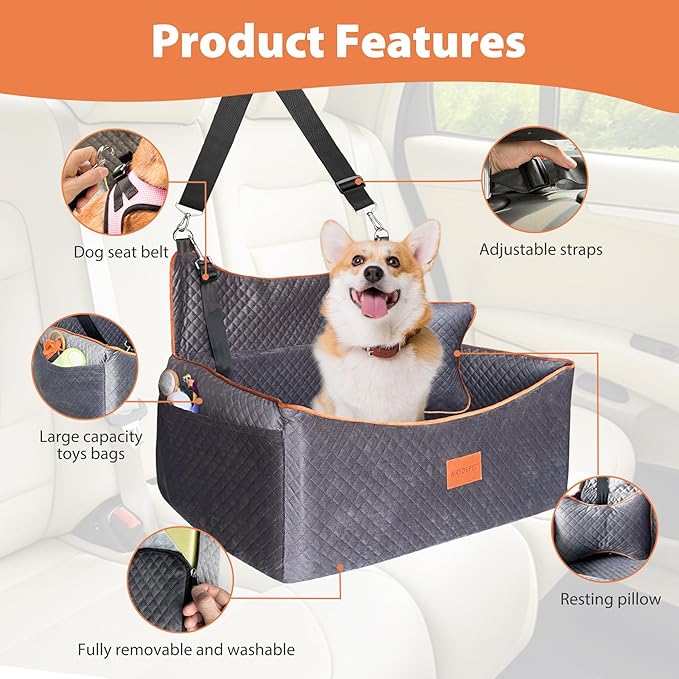 Dog Car Seat for Medium Dogs or 2 Small Dogs, Memory Foam Booster with Bonus Pillow & Removable Washable Cover, 2 Safety Leashes, Anti-Slip Base - Supports 50lbs (Grey)