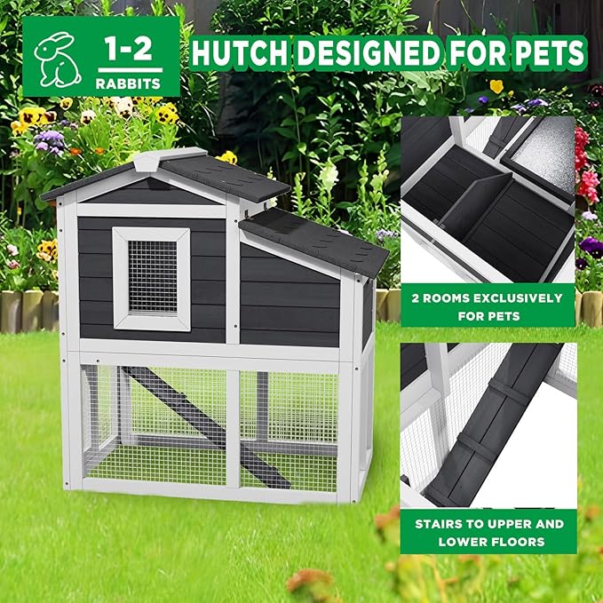 2-Story Rabbit Hutch Indoor, Wooden Furniture Style Bunny Cage with Run for Rabbits Guinea Pigs, Removable Tray & Openable Roof