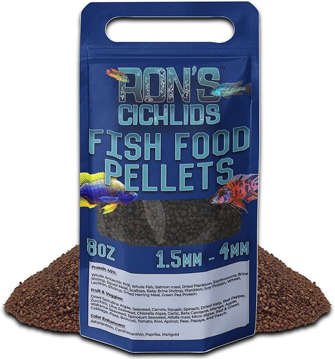 RON'S CICHLIDS Fish Food Pellets - USA Made Slow Sinking Pellets & Sticks Feed, Low Fillers, Koi, Pond, Goldfish, Tetras, Pleco, Oscar, Angelfish & Tropical Aquarium Fish, 1.5-4mm, Adult Blend 8 Oz