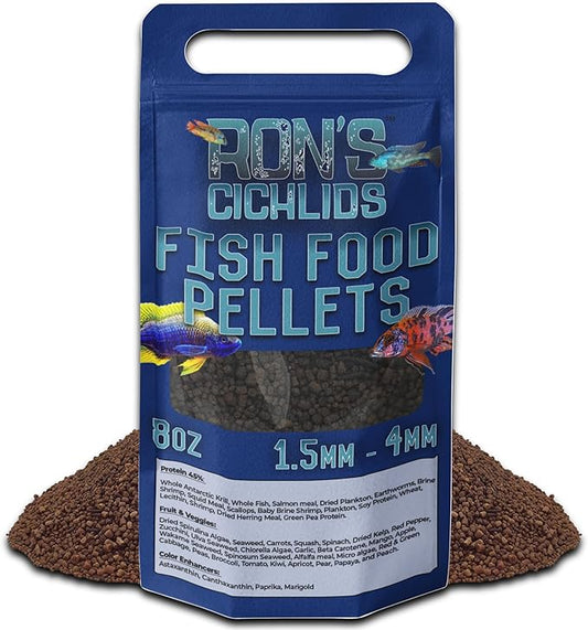 RON'S CICHLIDS Fish Food Pellets - USA Made Slow Sinking Pellets & Sticks Feed, Low Fillers, Koi, Pond, Goldfish, Tetras, Pleco, Oscar, Angelfish & Tropical Aquarium Fish, 1.5-4mm, Adult Blend 8 Oz