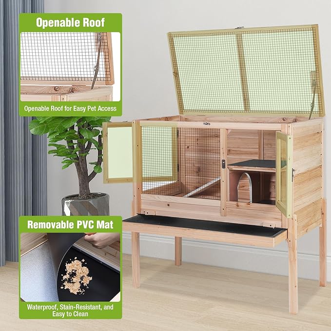 GUTINNEEN Wooden Rabbit Hutch Bunny Cage Guinea Pig Cage with Legs for Indoor & Outdoor, 2-Story Small Animal Cage with Leakproof Pull-Out Tray for Bunnys, Guinea Pigs, Hamsters (Natural Wood)
