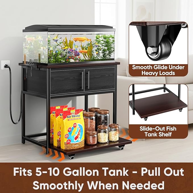 20-29 Gallon Fish Tank Stand with Power Outlet and Storage Cabinet,Aquarium Stand with Slide-Out Fish Tank Shelf,Heavy Duty Metal Frame and Waterproof Wood,31.5" L x 15.7" W 770LBS Capacity