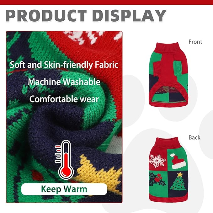 KOOLTAIL Christmas Dog Sweater, Cold Weather Dog Knitted Sweater Turtleneck Pullover, Red Green Color Design Doggie Sweatshirt, Thick Warm Dog Winter Clothes for Small Medium Large Dogs Boys Girls, L