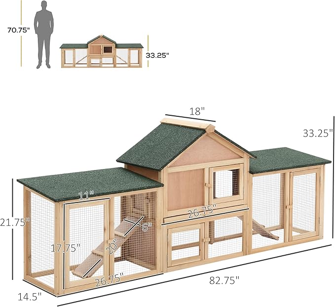 PawHut 83" L Outdoor Rabbit Hutch with Double Runs, Large Guinea Pig Cage Indoor, Wooden Bunny Hutch with Weatherproof Roof, Removable Tray, Ramps, for Rabbits, Chickens, Ducks, Natural