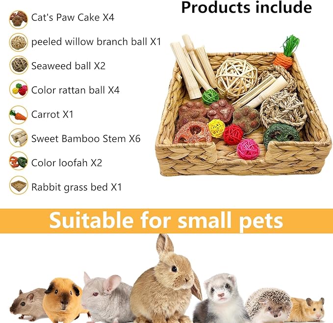Hamiledyi Rabbit Grass Bed Natural Bunny Woven Hand Made House Comfortable Playhouse Winter Warm Hideaway Hut with Chew Toys for Chinchilla Guinea Pig Ferret Rat