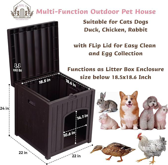 Outdoor Cat House for Winter Waterproof, Outside Multiple Kitty Feral Cat Houses, Outdoor Cat Litter Box Enclosure Weatherproof, Small Medium Dogs House Outdoor, Durable Resin Plastic, Brown