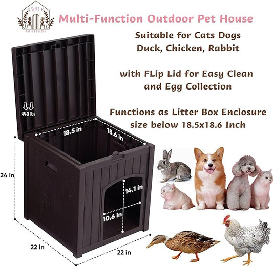 Outdoor Cat House for Winter Waterproof, Outside Multiple Kitty Feral Cat Houses, Outdoor Cat Litter Box Enclosure Weatherproof, Small Medium Dogs House Outdoor, Durable Resin Plastic, Brown