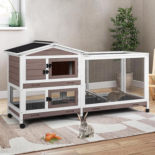 Rabbit Cage,Indoor Rabbit Hutch with Matel Frame and Pull Out Tray,Bunny Hutch Chicken Coop with Run (Brown)