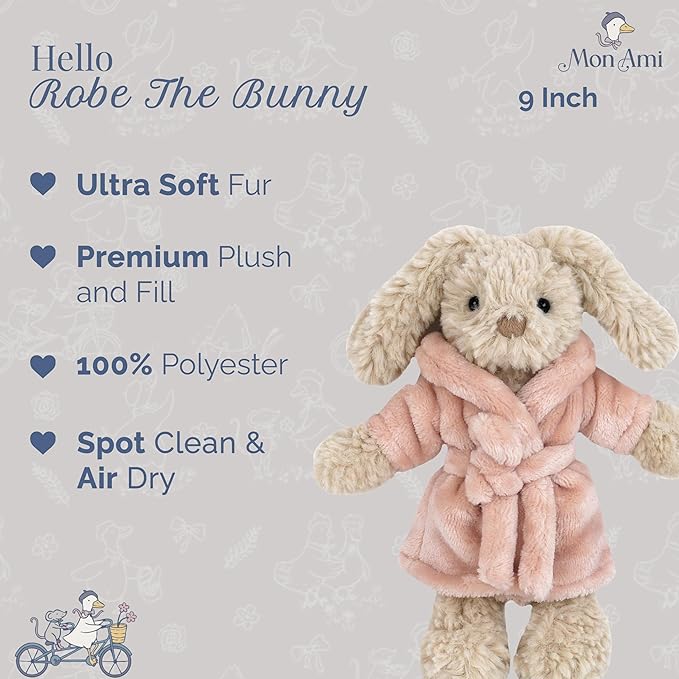 MON AMI Robe The Bunny Plushie – 9" Stuffed Animal Plush Toy for Kids, Soft and Cuddly Bunny Plush Toy, Cute Easter or Birthday Gift, Huggable Toy, Adorable Stuffed Toy for Children