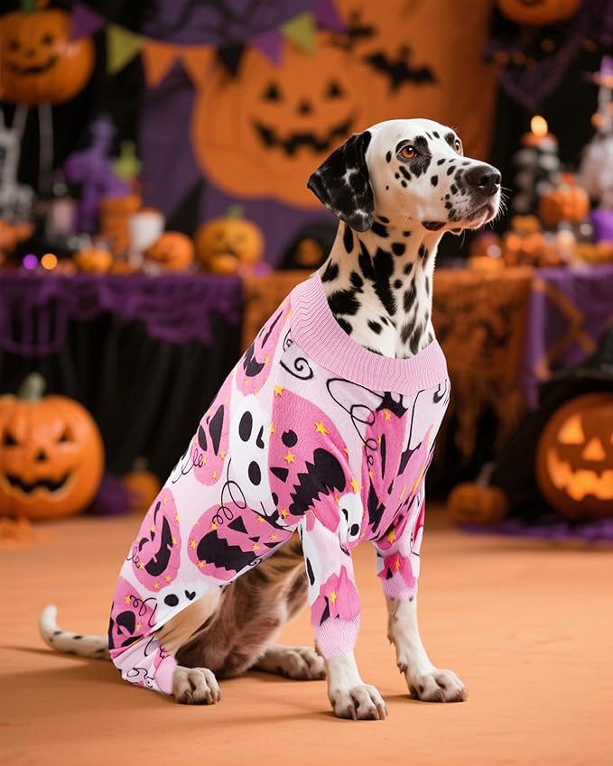 PET SHOW 4 Pack Halloween Dog Pajamas for Medium Dogs Onesie Soft Pumpkin Ghost Soft Fleece Stretchy Jumpsuit Costume Boy Girl PetsPJs with Sleeve Clothes(XL)