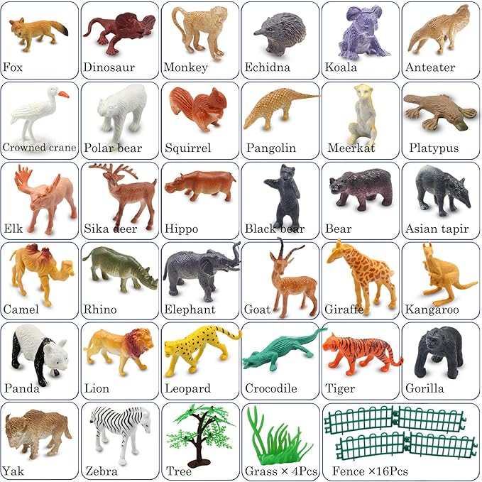 PINOWU Realistic Mini Wild Zoo Animals Figurines Toys 32 Pcs Gift Set for Education and Party Favors, Plastic Forest Safari Animals Lion, Hippo, Tiger, Bear, Elephant, Giraffe etc