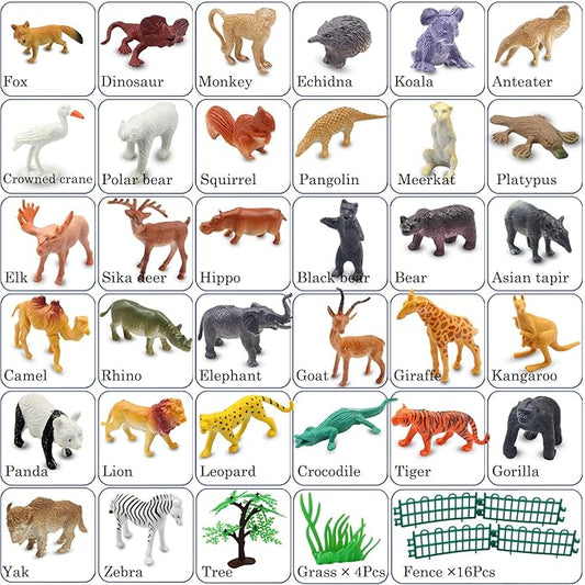 PINOWU Realistic Mini Wild Zoo Animals Figurines Toys 32 Pcs Gift Set for Education and Party Favors, Plastic Forest Safari Animals Lion, Hippo, Tiger, Bear, Elephant, Giraffe etc
