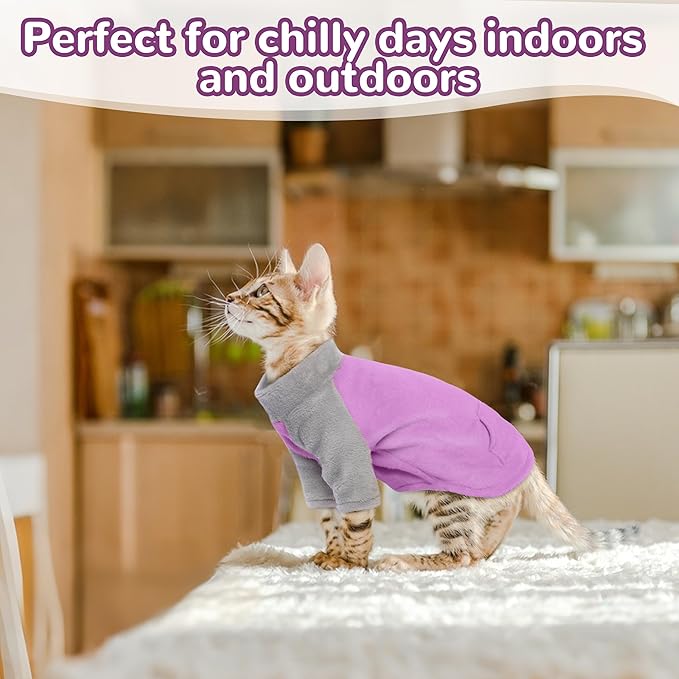 PUMYPOREITY Turtleneck Sweater for Sphynx Cat, Soft Coral Fleece Cat Clothes, Thick Winter Warm Outfit Coat with Sleeves, S, Purple