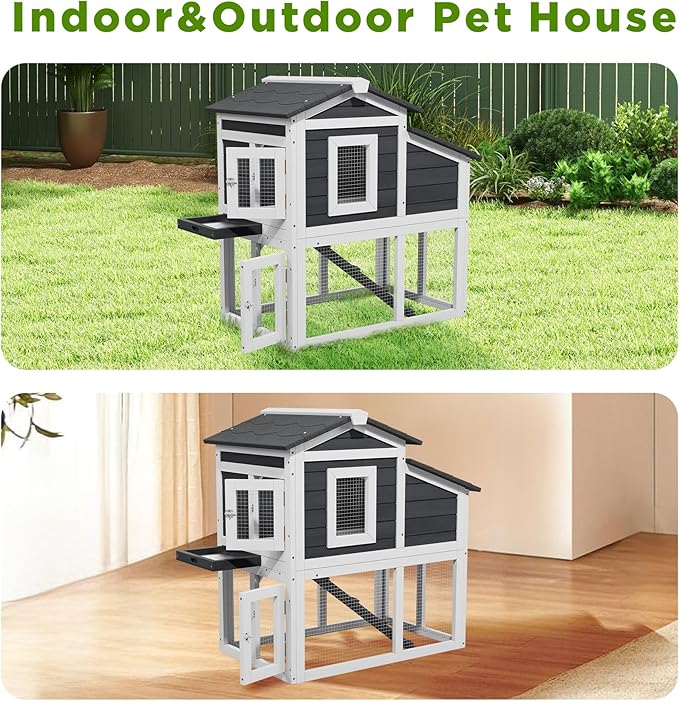 Small Chicken Coop for 2 Chickens,Wooden Chicken Coops with Nesting Boxes Indoor Outdoor,Bunny House Rabbit Hutch Poultry Pet Run Cage with Waterproof Roof,Stairs&Leak-Proo-Tray (Grey)