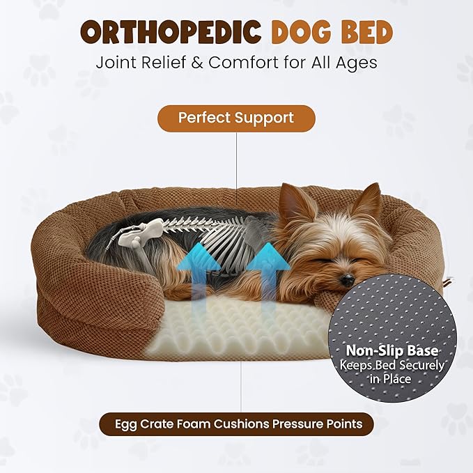Anti-Anxiety Dog Bed for Medium Dogs, Cozy Round Egg Crate Foam Sofa with Washable Removable Cover & Bolstered Sides, Comfortable Pet Chair or Crate Bed,Camel (35")