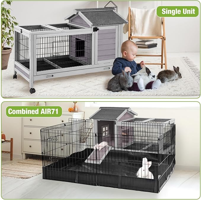 GUTINNEEN Rabbit Hutch Indoor Bunny Cage Outdoor Wooden Guinea Pig Cage Bunny House with Removable Metal Wire Floor, Lockable Caster Wheels, Leakproof Plastic Tray for 1-2 Rabbits, Small Animals