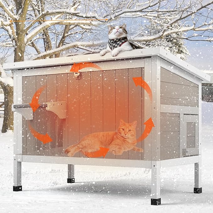 Insulated Cat House Outdoor Weatherproof Feral Cat Shelter for Winter, All-Round Foam Insulation Wooden Pet House for Small Animals with Escape Door,Openable Roof(34.5"L x 21.7"W x 25.6"H)