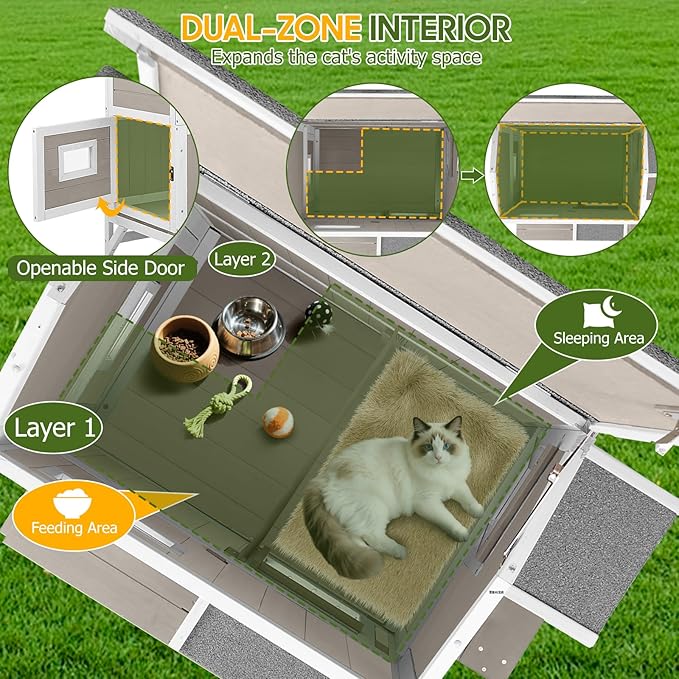 Outdoor Cat House Weatherproof with Balcony Outside Wooden Feral Cat Shelter with 3 Jumping Platforms and Openable Asphalt Roof for Cats and Small Animals