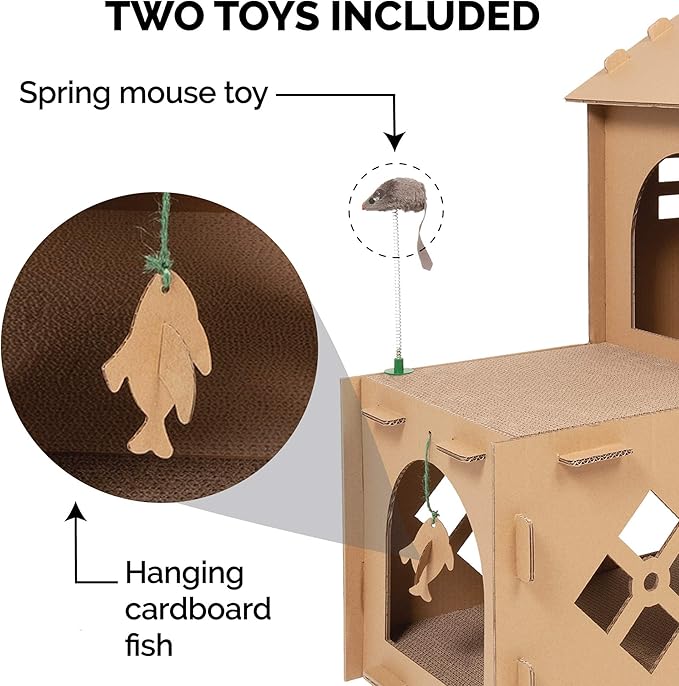 Furhaven Multi-Level Cardboard Cat House w/ Catnip for Indoor Cats, Ft. Scratching Pads & Toys - Townhouse Corrugated Cat Scratcher Hideout - Cardboard Brown, One Size