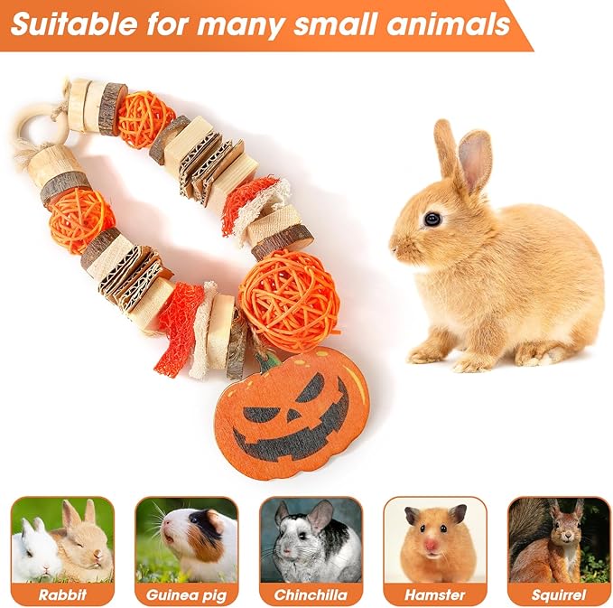 Rabbit Toys for Bunnies, Natural Guinea Pig chew Toys for Teeth for Chinchilla Toys Guinea Pigs Bunny Hamsters Ratsand Other Small Pets Teeth Chew Grinding Toy Hanging Halloween-Themed
