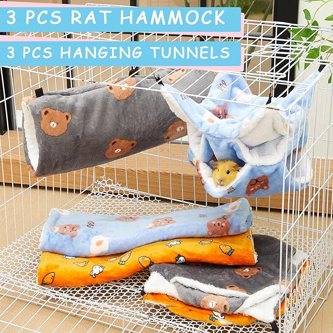 Sweetude 6 Pcs Rat Hammock Set Ferret Hanging Tunnel 3 Tier Guinea Pig Hammocks Hideout Soft Chinchilla Bed for Cage Accessories Hide,Play and Sleep (Sun,Bear)