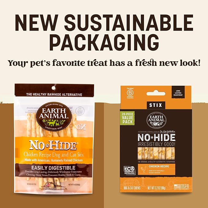 Earth Animal No-Hide Stix Chicken Recipe Natural Rawhide Alternative Dog & Cat Chews - 80 Count Extra Value Pack