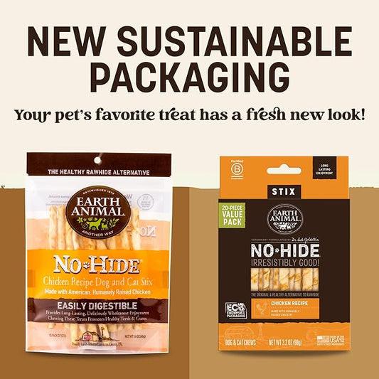 Earth Animal No-Hide Stix Chicken Recipe Natural Rawhide Alternative Dog & Cat Chews - 80 Count Extra Value Pack