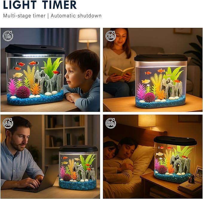 Koller Products Aquarium Fish Tank 4.5 Gallon Starter kit, Self Cleaning System Efficiency Filter 7 Color LED Lights and Timer, Plastic Small Fish Tank for Betta Guppies Neon Snail Ornamental Shrimp