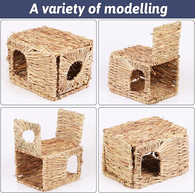 Hamiledyi 2 Pcs Grass House for Rabbit Natural Hand Woven Seagrass Play Hay Bed Foldable Woven Hideaway Hut Toy for Bunny Hamster Guinea Pig Chinchilla Small Animals