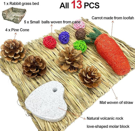 kathson Bunny Grass Bed Portable Grass Bed Mat Hand-Made with Natural Straw Lightweight Paws Protection Bedding Nest Small Animals Chew Toys for Rabbit Guinea Pig Hamster Gerbil Chinchilla Mice