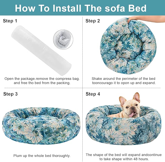 Dog Calming Beds for Small Medium Large Dogs - Round Donut Washable Puppy Dog Bed, Anti-Slip Faux Fur Fluffy Donut Cuddle Anxiety Cat Pet Bed (24" Flower)