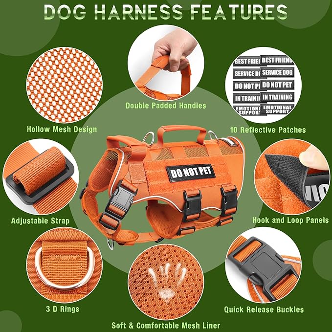 WINSEE Mesh Dog Harness with 10 Pet Patches for Small Service Dog in Training, Breathable Tactical Molle Vest with Double Handle, Reflective Military Pet Vest for Walking Hiking