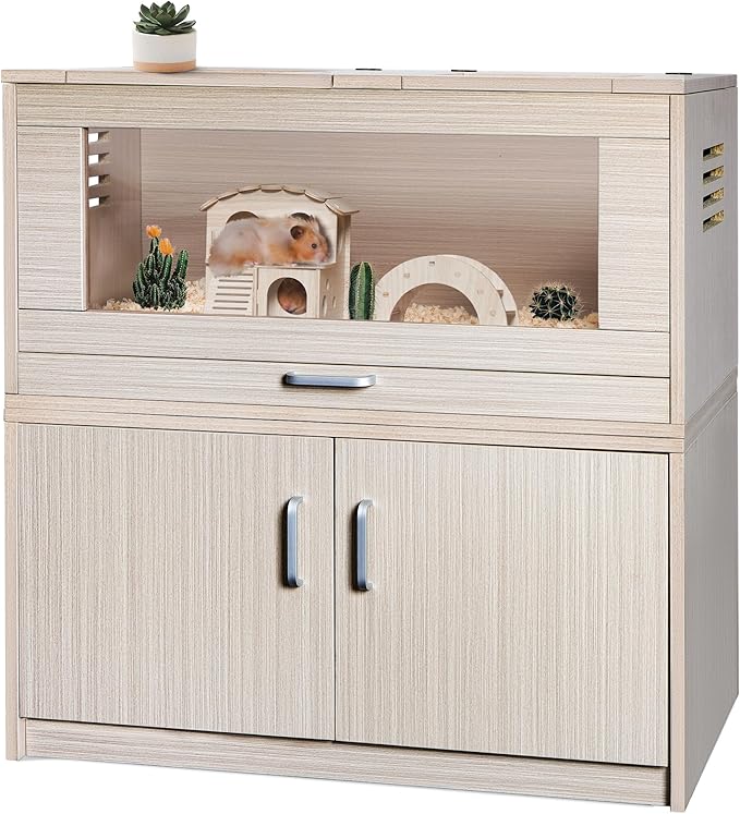 Guinea Pig Cages, Hamster Cage Wood with Independent Storage Cabinet, House for Rat Chinchilla with Guinea Pig Hutch and Bridge, Openable Top with Acrylic Sheets(Wood, 32.28 inch)
