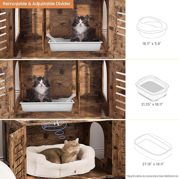 DKLGG Cat Tree with Litter Box Enclosure, Modern Cat Condo, Indoor Cat Tower with Litter Box Enclosure Wood House w/Sisal Scratching Post, Plush Perch Platform & Divided Condo (Rustic Brown)