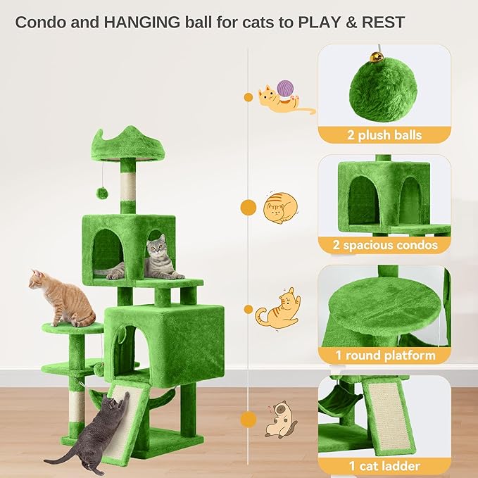 DWVO 54 in Multi-Level Cat Tower: Cats Tree for Indoor Kittens, Pet Furniture with Kitty Condos, Sisal Scratching Posts, Plush Perches, Cozy Hammock, Green