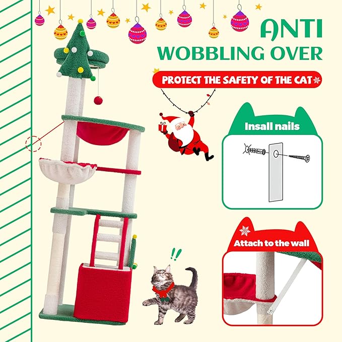 SHA CERLIN 67in Tall Cat Tree/Climbing Tower with Top Perch, Hammock, Sisal Scratching Posts/Cute Condo for Indoor Kitties/Pet Feline House/Activity Center/Christmas Decor/Green & Red