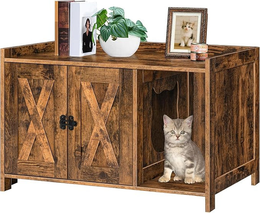 Cat Litter Box Enclosure, Hidden Litter Box Furniture with Divider, Indoor Cats House, Wooden Cat Washroom Storage Cabinet Bench, Side End Table Nightstand, Rustic Brown CWHR2501Z