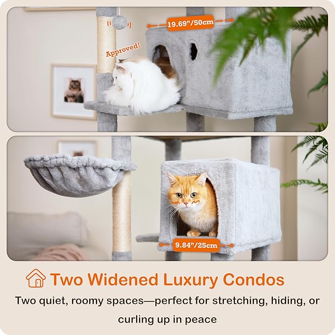 Ouritsu Cat Tree, 73.6 inch Tall Cat Climbing Tower for Large Cat Indoor with 2 Large Condos, 2 Widened Perches, Sisal Covered Scratching Posts, 2 Hammocks, Light Gray, XLF001GA